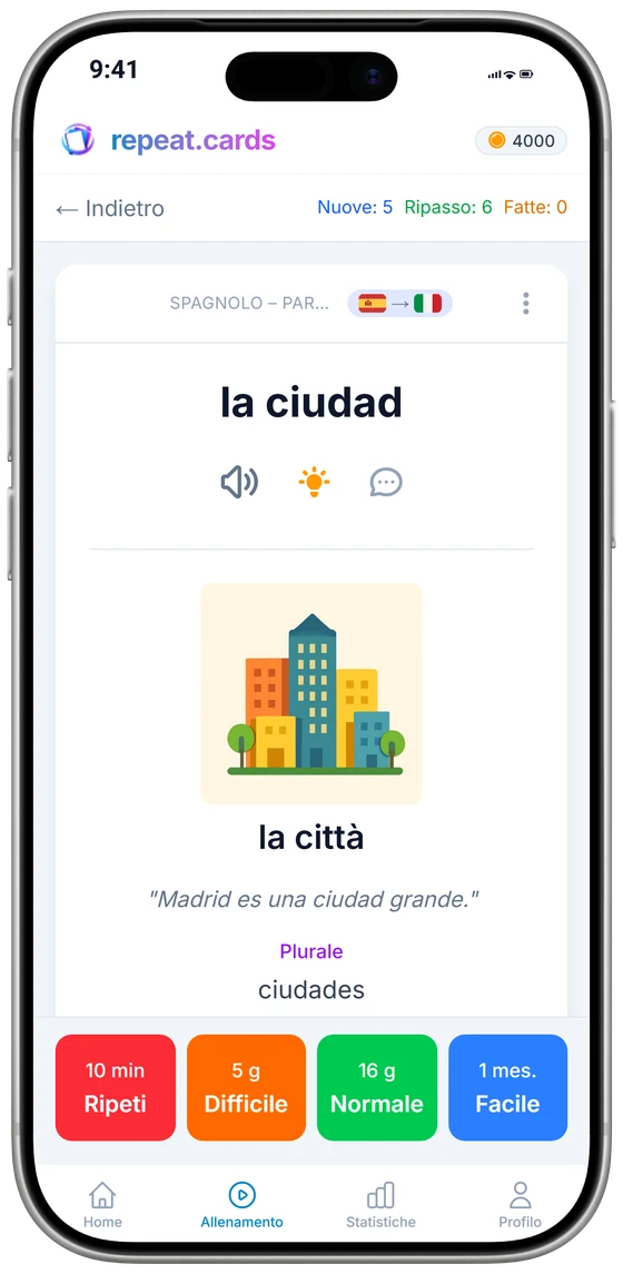 L’app per iPhone durante un ripasso: el libro con l’immagine, la frase di esempio e il plurale, sopra i quattro pulsanti di valutazione e i relativi intervalli