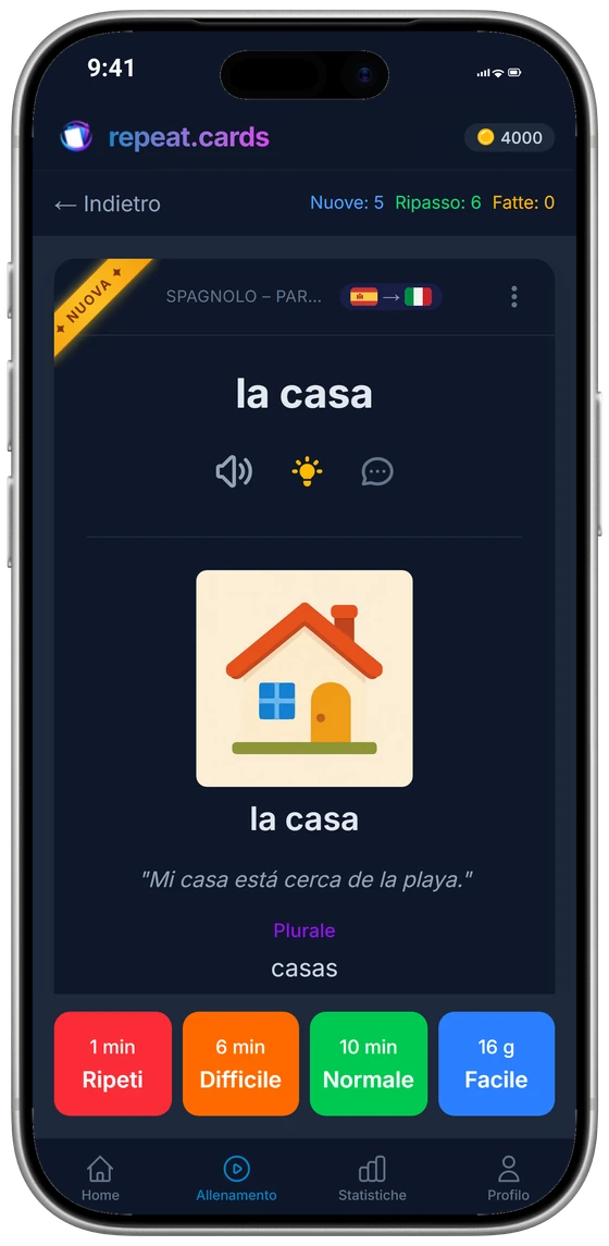 L’app per iPhone durante un ripasso: el libro con l’immagine, la frase di esempio e il plurale, sopra i quattro pulsanti di valutazione e i relativi intervalli