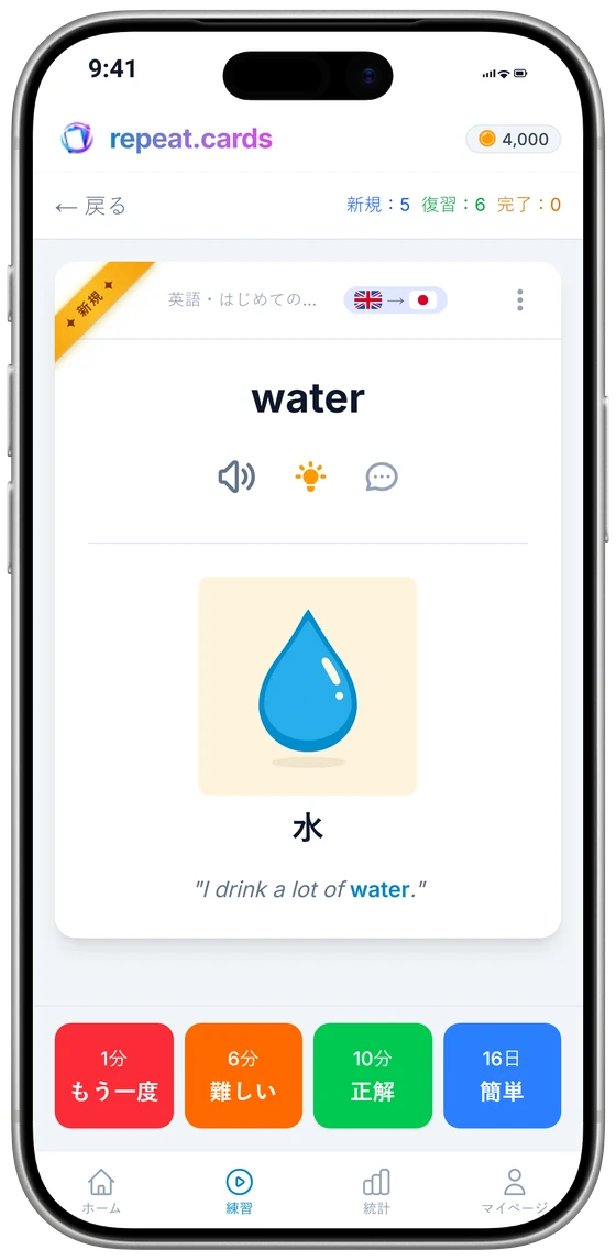 復習中のiPhoneアプリ:画像、例文、複数形付きのel libroと、その下に4つの評価ボタンと次の復習間隔