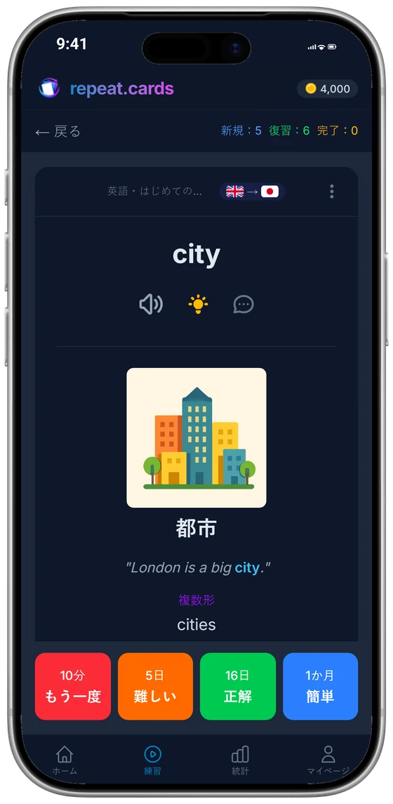 復習中のiPhoneアプリ:画像、例文、複数形付きのel libroと、その下に4つの評価ボタンと次の復習間隔