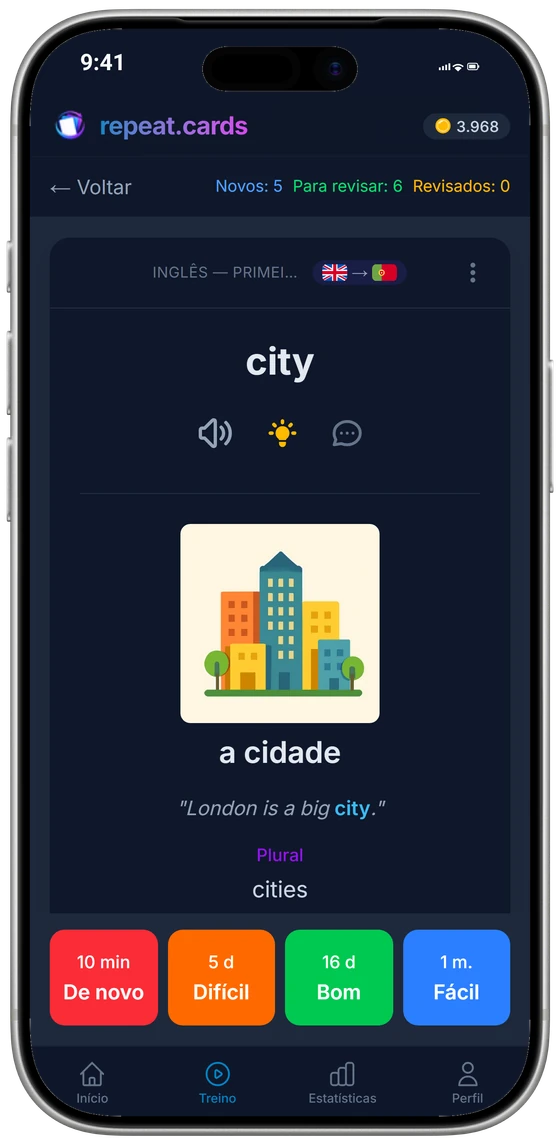 O app para iPhone no meio de uma revisão: el libro com a imagem, o exemplo de uso e o plural, acima dos quatro botões de avaliação e dos próximos intervalos