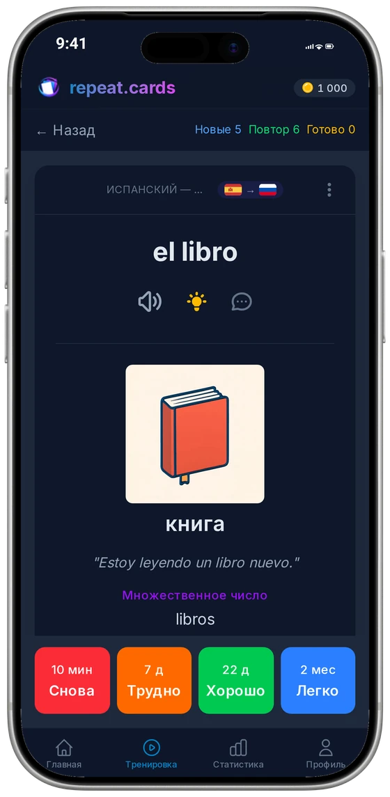 Карточка el libro на iPhone: картинка, пример и форма множественного числа. Внизу — четыре кнопки оценки ответа и время до следующего повторения