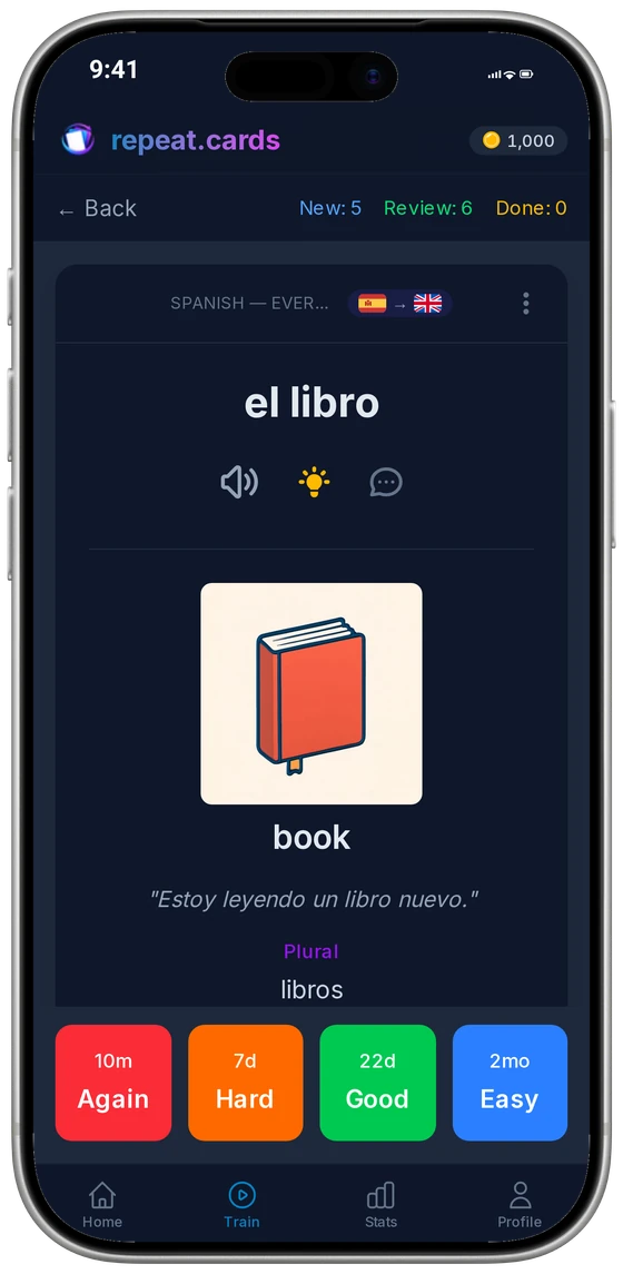 The iPhone app mid-review: el libro with its picture, example sentence and plural, above the four rating buttons and their next intervals