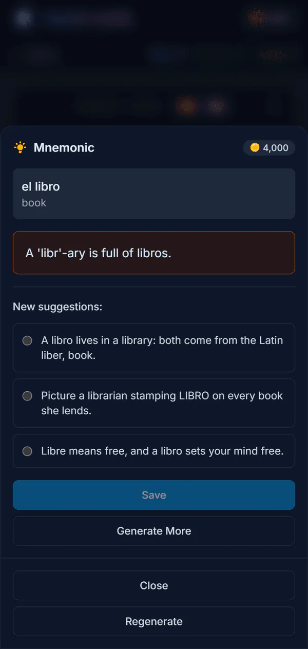 The mnemonic sheet for el libro: the saved memory hook and three new suggestions to choose from