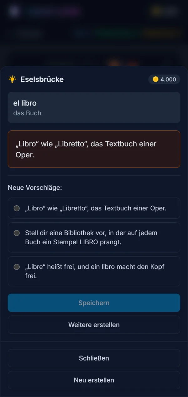 Die Eselsbrücken-Ansicht für el libro: die gespeicherte Merkhilfe und drei neue Vorschläge zur Auswahl