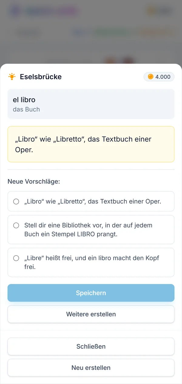 Die Eselsbrücken-Ansicht für el libro: die gespeicherte Merkhilfe und drei neue Vorschläge zur Auswahl