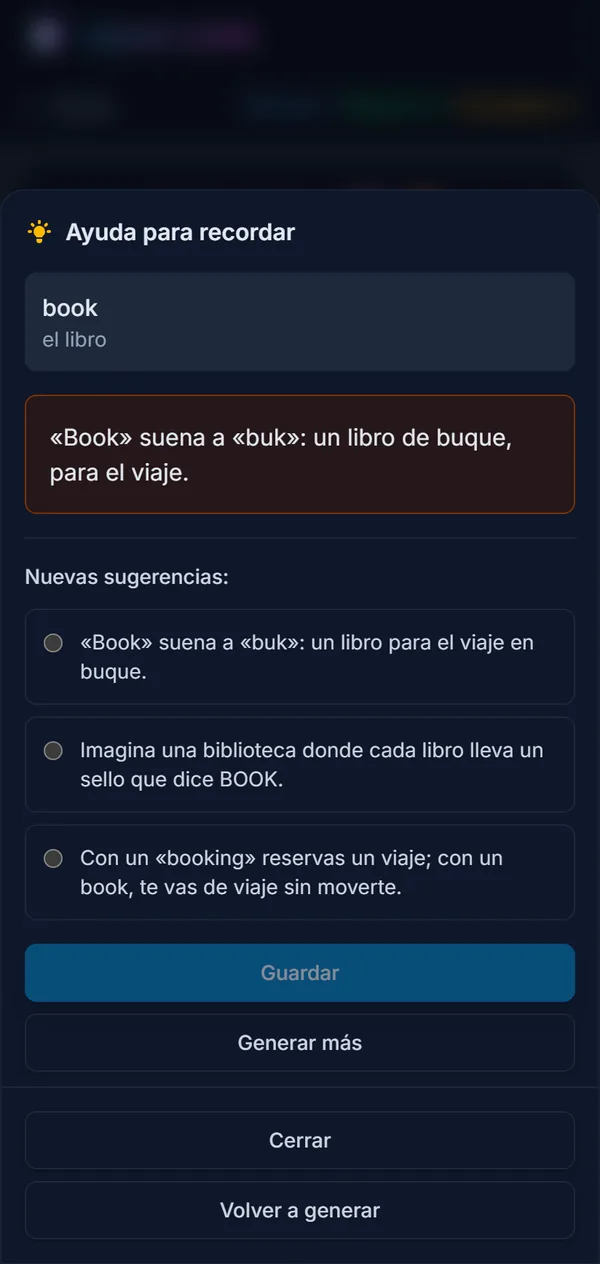 Ayudas para recordar la palabra «el libro»: la asociación guardada y tres sugerencias nuevas para elegir