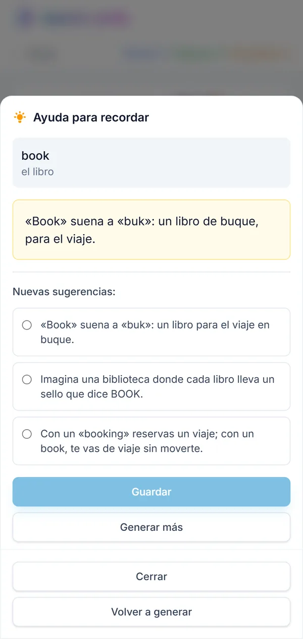 Ayudas para recordar la palabra «el libro»: la asociación guardada y tres sugerencias nuevas para elegir