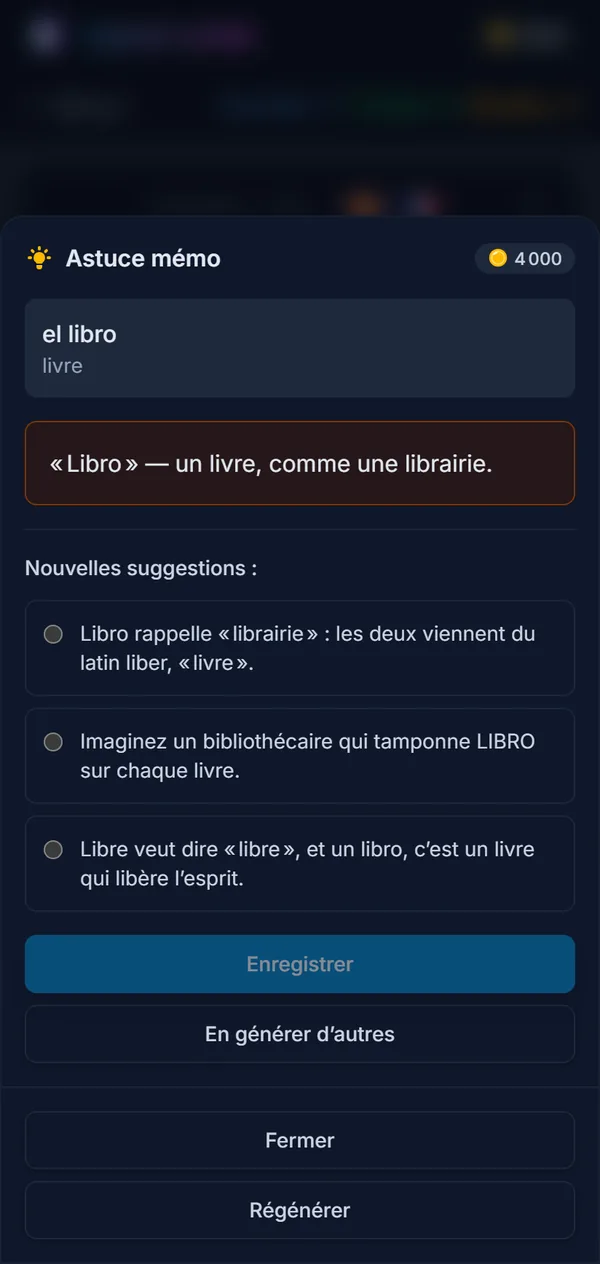 La fenêtre des astuces mémo pour el libro : l’astuce enregistrée et trois nouvelles suggestions au choix