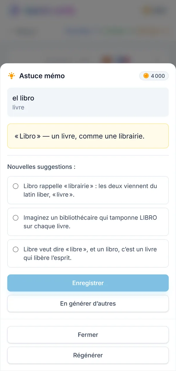 La fenêtre des astuces mémo pour el libro : l’astuce enregistrée et trois nouvelles suggestions au choix