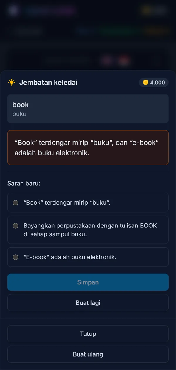 Lembar jembatan keledai untuk book: asosiasi yang tersimpan dan tiga saran baru untuk dipilih