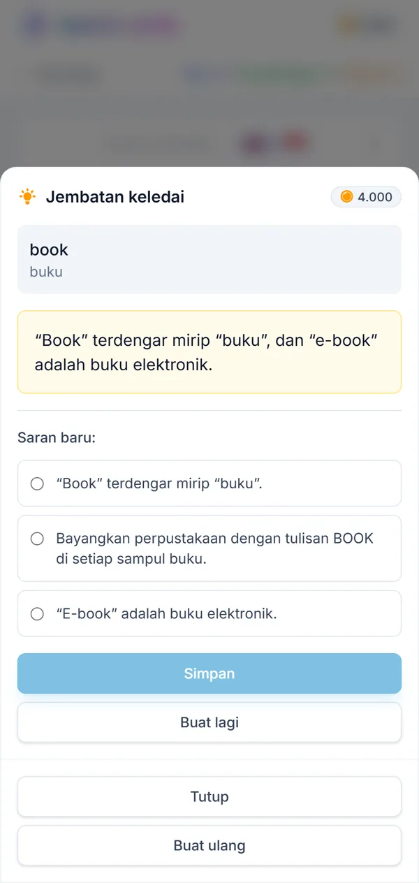 Lembar jembatan keledai untuk book: asosiasi yang tersimpan dan tiga saran baru untuk dipilih