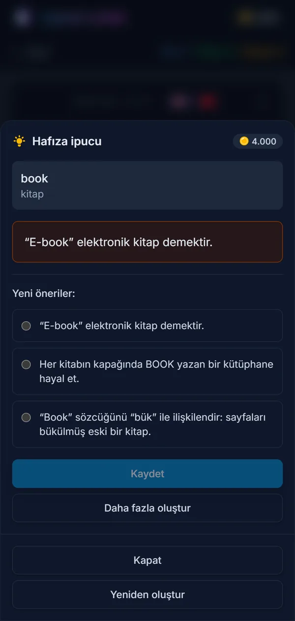 book için hafıza ipucu ekranı: kaydedilmiş çağrışım ve seçebileceğin üç yeni öneri