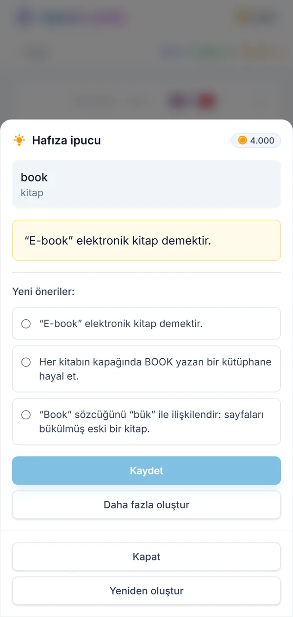 book için hafıza ipucu ekranı: kaydedilmiş çağrışım ve seçebileceğin üç yeni öneri