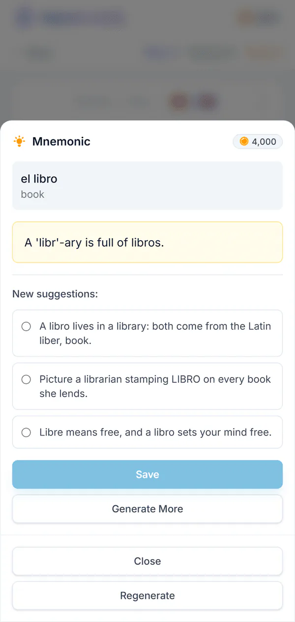 The mnemonic sheet for el libro: the saved memory hook and three new suggestions to choose from