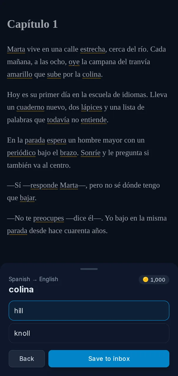 The reader on a phone: a page with new words marked and a tapped word translated