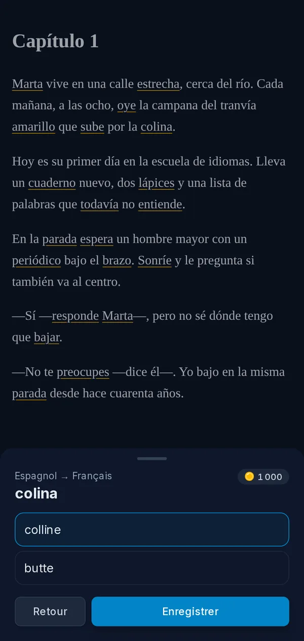 La liseuse sur un téléphone : une page avec les mots nouveaux signalés et la traduction d’un mot sélectionné en le touchant