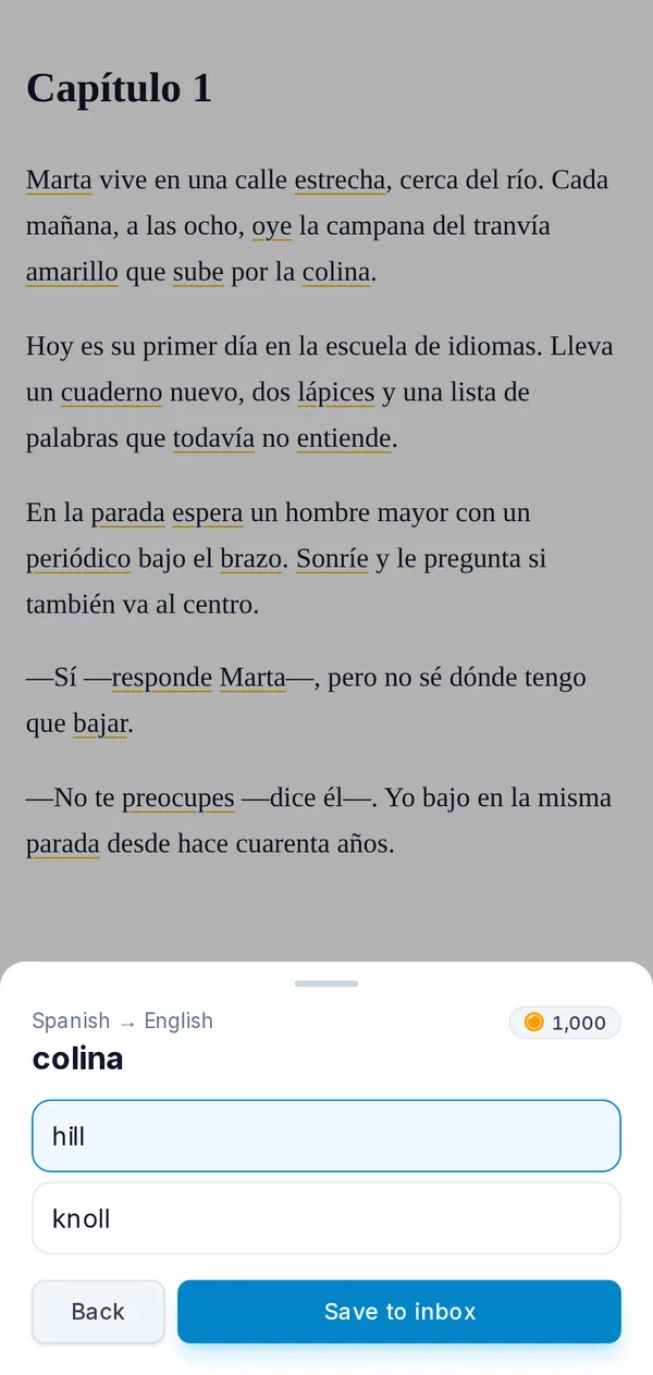 The reader on a phone: a page with new words marked and a tapped word translated