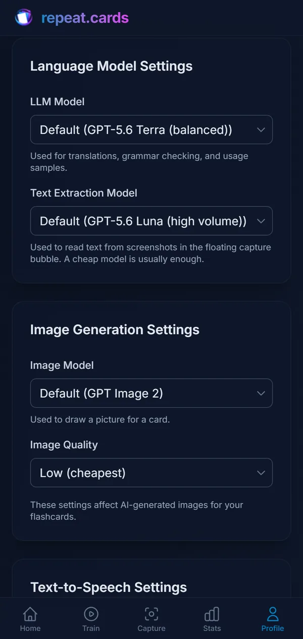 The AI settings: which model writes, reads and draws