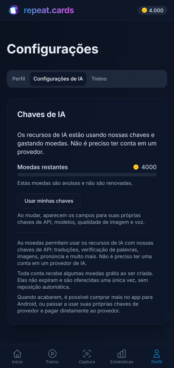 Configurações dos modelos de texto, geração de imagens e síntese de voz