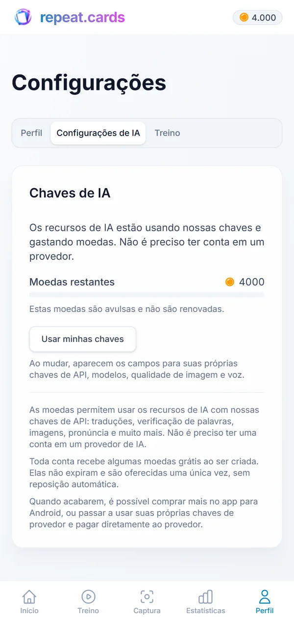 Configurações dos modelos de texto, geração de imagens e síntese de voz