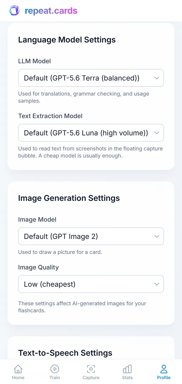 The AI settings: which model writes, reads and draws
