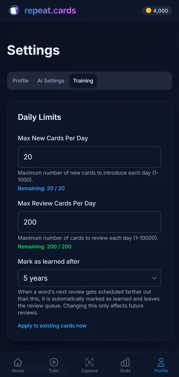 Training settings on a phone: 20 new cards and 200 reviews a day