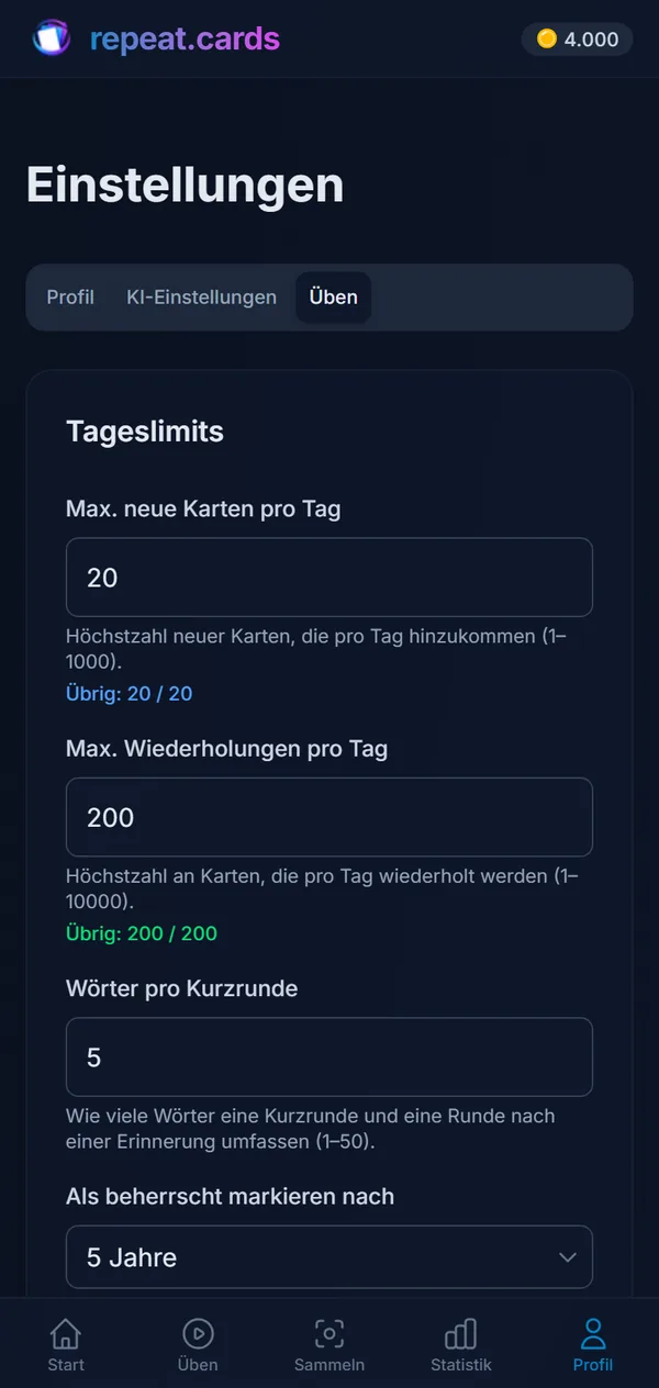 Übungseinstellungen auf dem Smartphone: 20 neue Karten und 200 Wiederholungen pro Tag