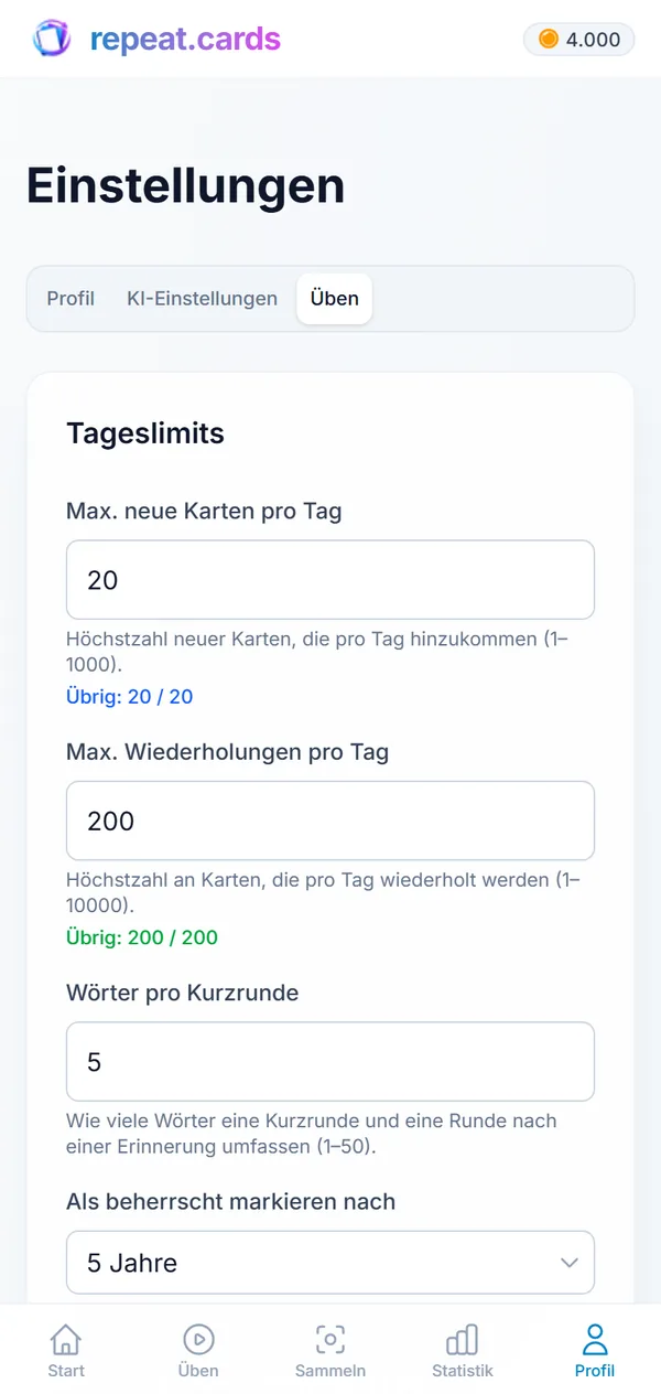 Übungseinstellungen auf dem Smartphone: 20 neue Karten und 200 Wiederholungen pro Tag