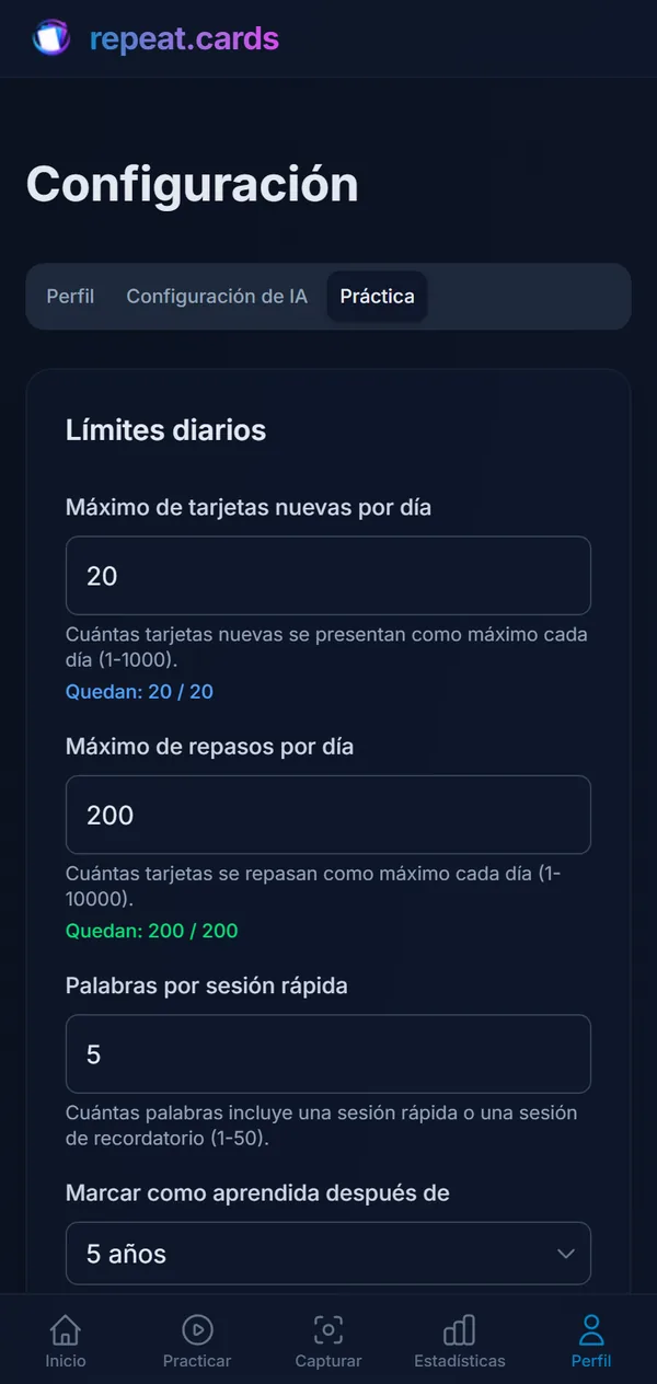 Configuración de práctica en un teléfono: 20 tarjetas nuevas y 200 repasos al día