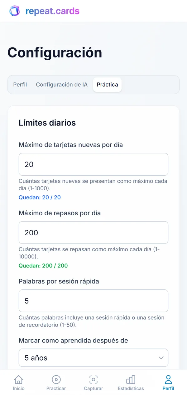 Configuración de práctica en un teléfono: 20 tarjetas nuevas y 200 repasos al día