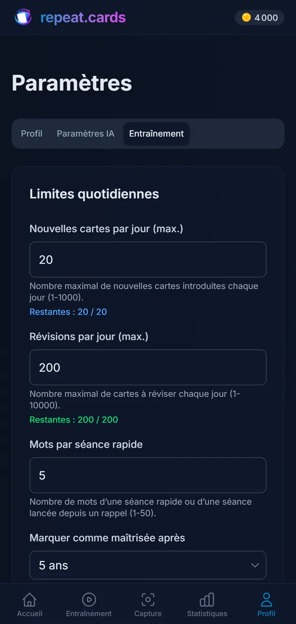 Les paramètres d’entraînement sur un téléphone : 20 nouvelles cartes et 200 révisions par jour