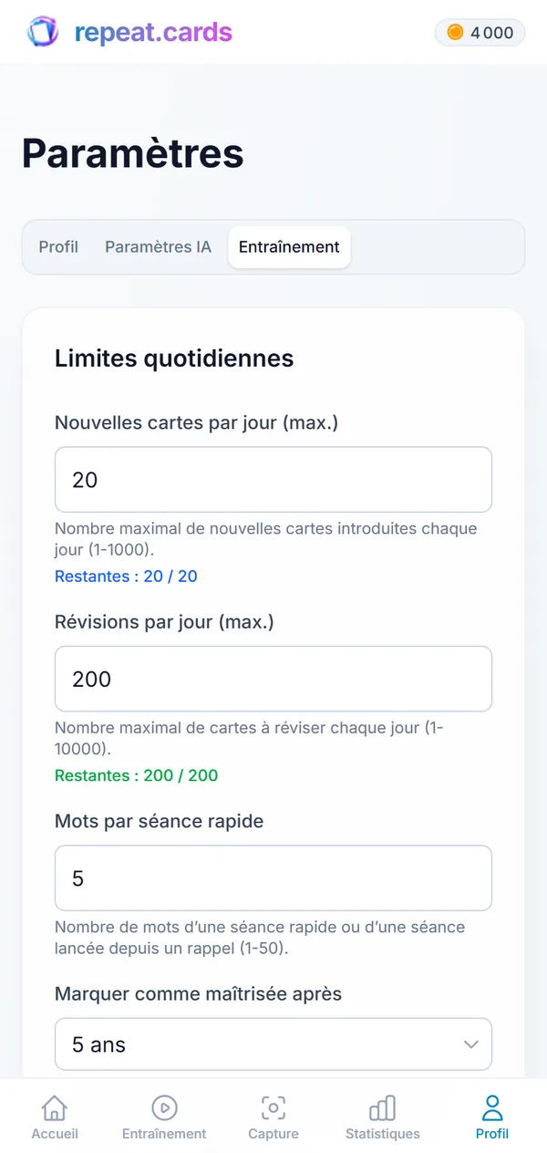 Les paramètres d’entraînement sur un téléphone : 20 nouvelles cartes et 200 révisions par jour