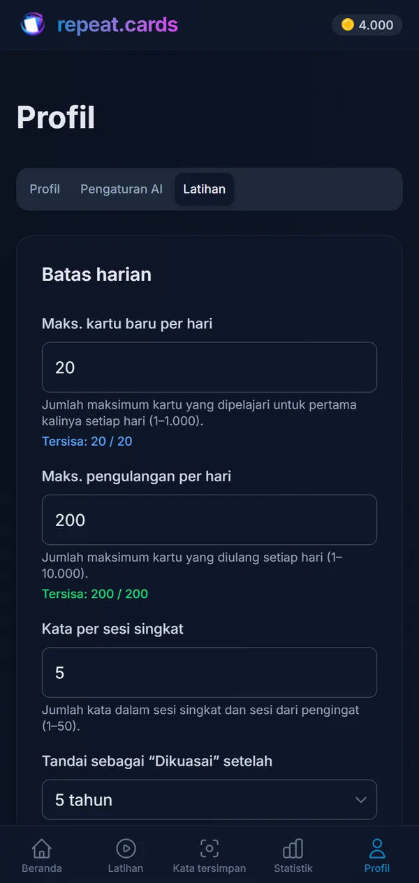 Pengaturan latihan di ponsel: 20 kartu baru dan 200 pengulangan per hari