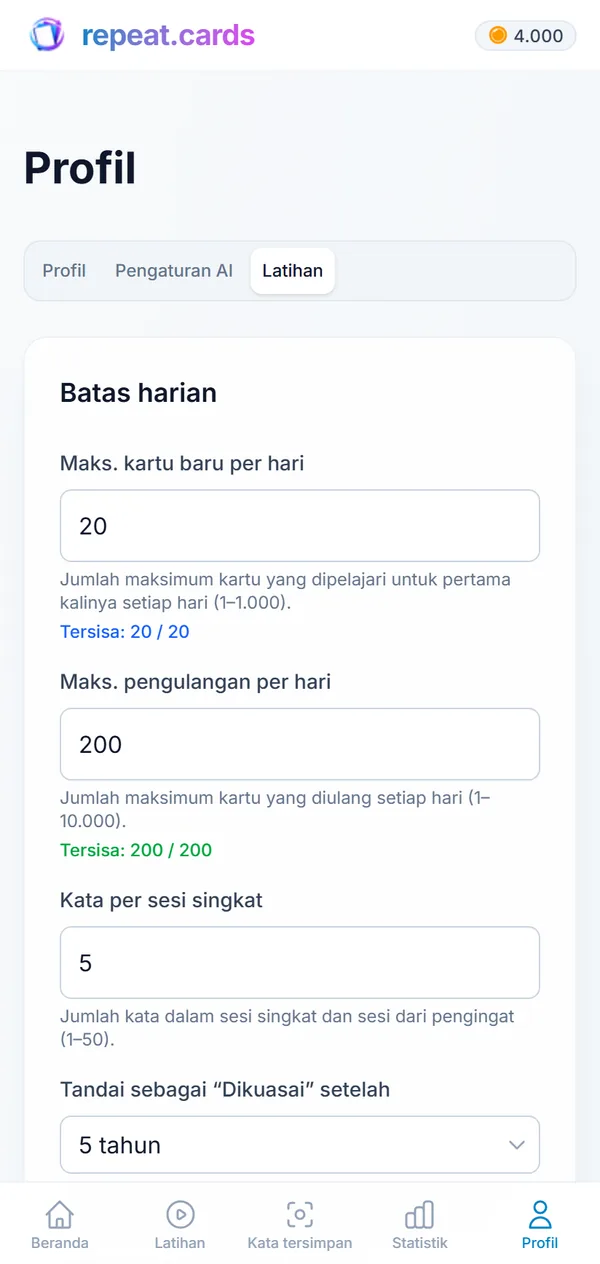 Pengaturan latihan di ponsel: 20 kartu baru dan 200 pengulangan per hari