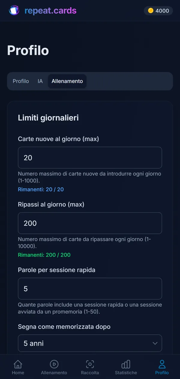 Impostazioni di allenamento su un telefono: 20 carte nuove e 200 ripassi al giorno