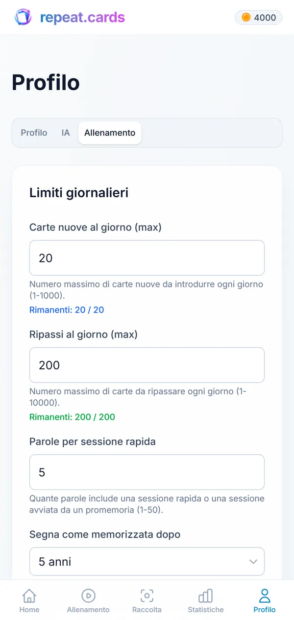 Impostazioni di allenamento su un telefono: 20 carte nuove e 200 ripassi al giorno