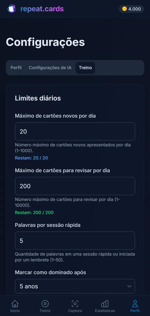 Configurações de treino no celular: 20 cartões novos e 200 revisões por dia