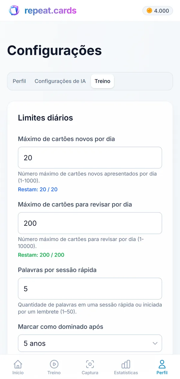 Configurações de treino no celular: 20 cartões novos e 200 revisões por dia