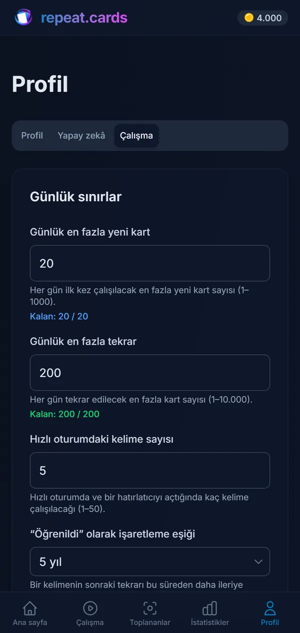 Telefonda çalışma ayarları: günde 20 yeni kart ve 200 tekrar