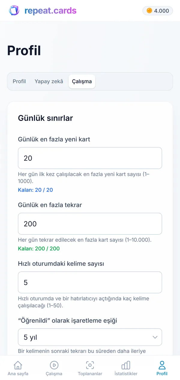 Telefonda çalışma ayarları: günde 20 yeni kart ve 200 tekrar