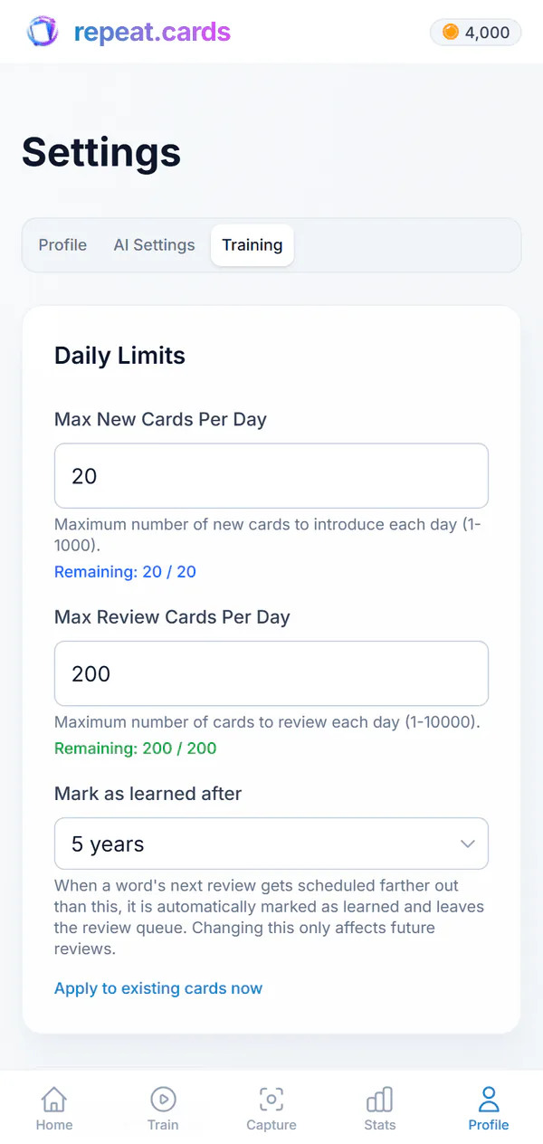 Training settings on a phone: 20 new cards and 200 reviews a day