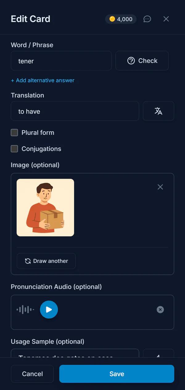 The card editor for tener: the translation, a drawn picture and a pronunciation recording