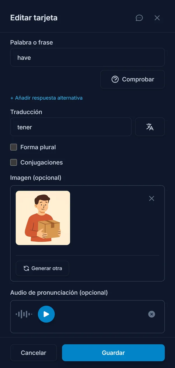 El editor de tarjetas, con la traducción, la imagen y el audio completados por la IA