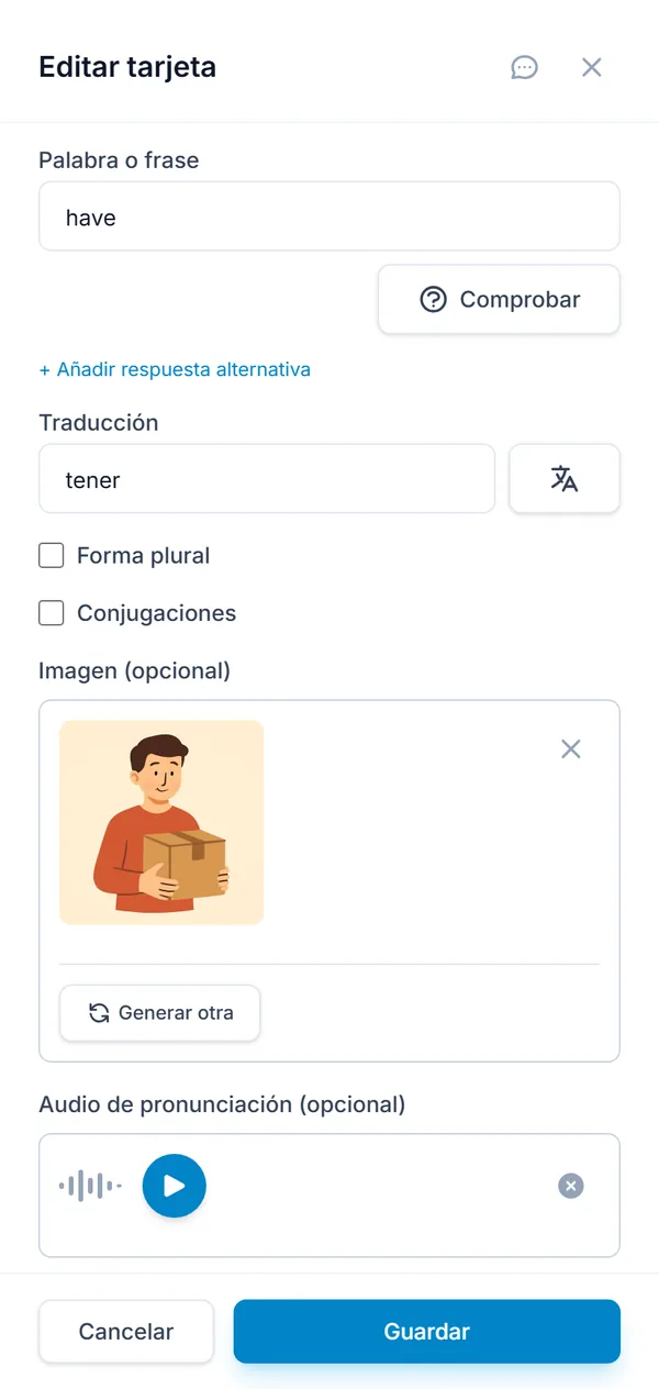 El editor de tarjetas, con la traducción, la imagen y el audio completados por la IA