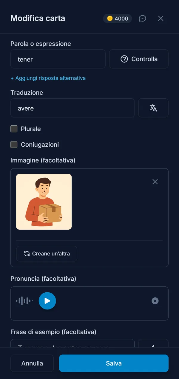 L’editor della carta, con traduzione, immagine e pronuncia compilate dall’IA