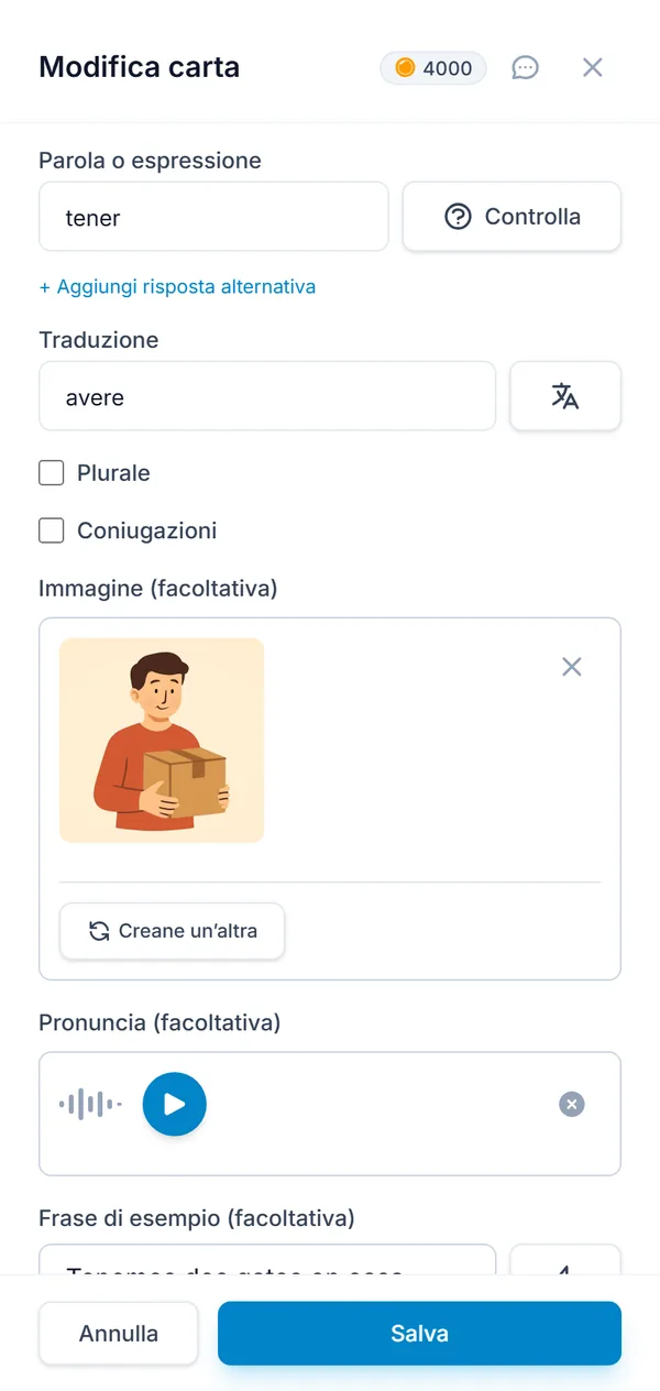 L’editor della carta, con traduzione, immagine e pronuncia compilate dall’IA