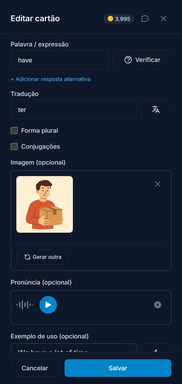 O editor de cartões, com a tradução, a imagem e a pronúncia preenchidas pela IA
