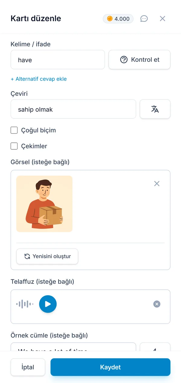 Kart düzenleyici: çevirisi, görseli ve telaffuzu yapay zekâ tarafından doldurulmuş