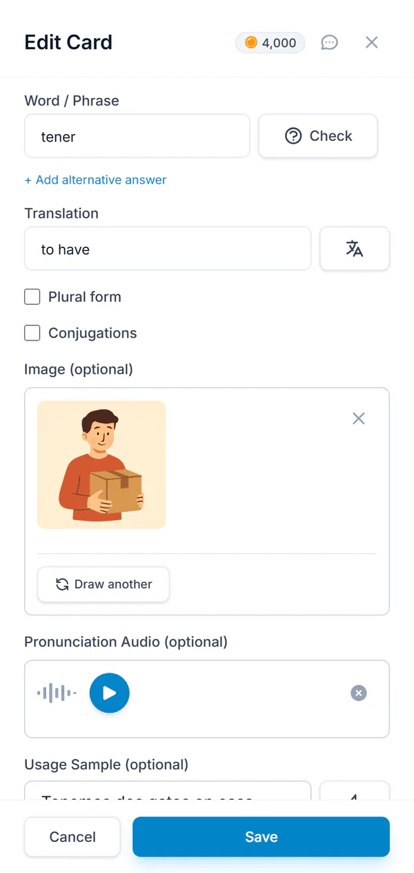 The card editor for tener: the translation, a drawn picture and a pronunciation recording